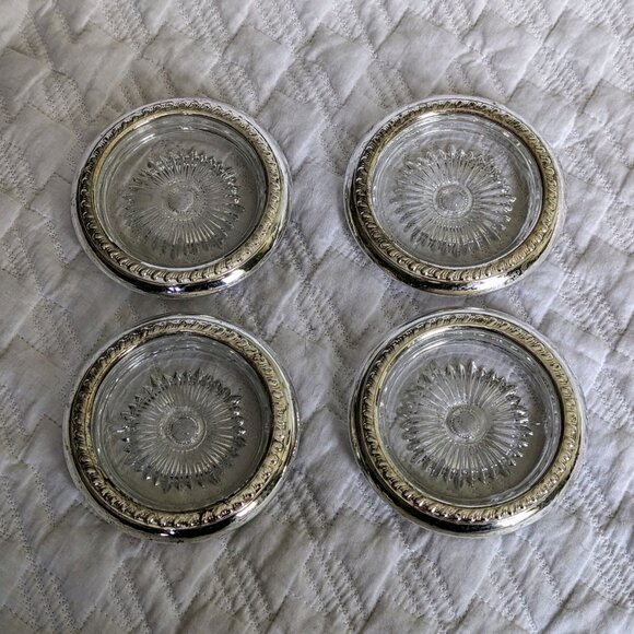 Vintage Set Of 4 Sterling Silver Crystal Sunburst Design Drink Coaster Plate #1 - Picture 3 of 4